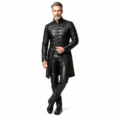 Men’s black leather long coat and pants set with high collar, buckle front, quilted sleeves, gothic style, and premium fitted fashion look. - Rizwards Leather