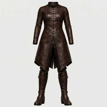 Viking Costume for Women | Brown Leather Coat, Pants & Combat Boots