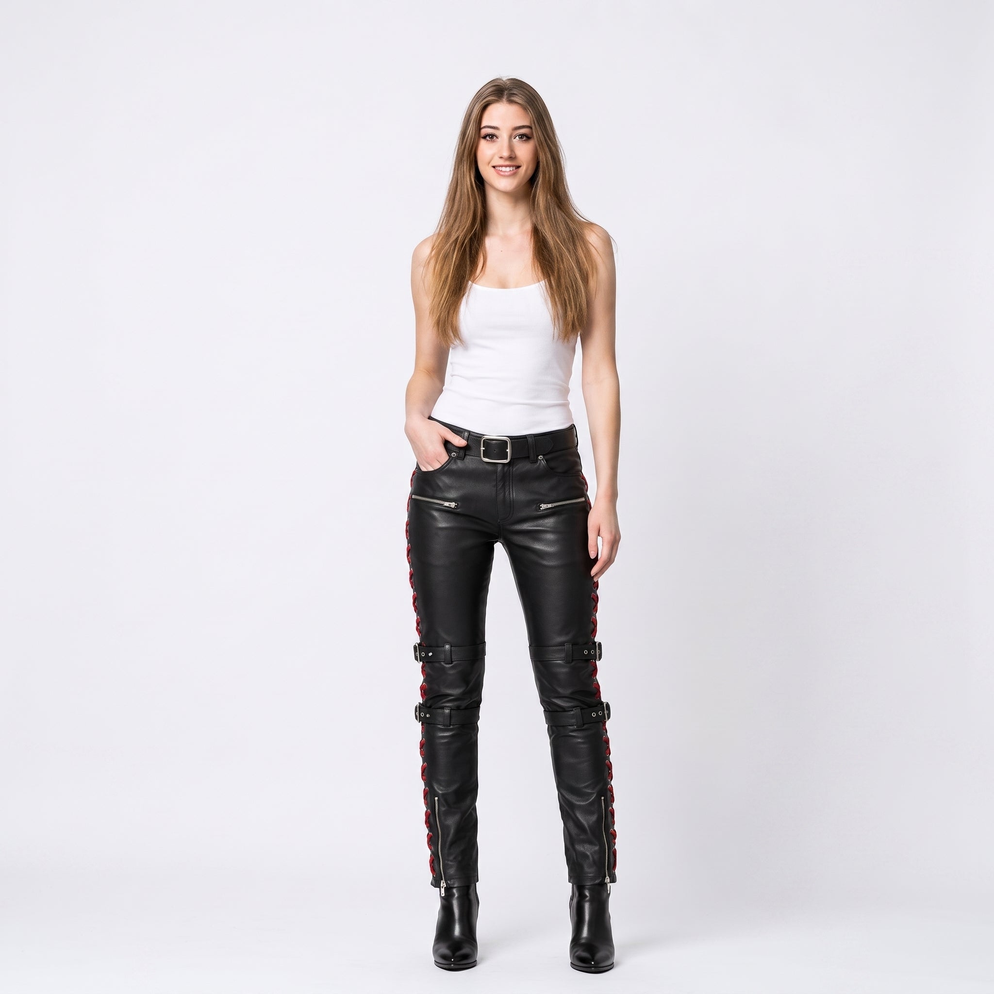 Women's Black Genuine Leather Pants, Red Lace Up Biker Pants with Buckle Straps, Cyberpunk Leather Trousers