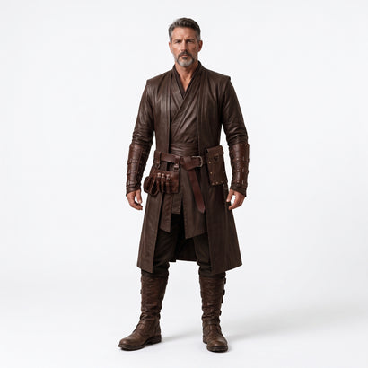 Front view of men’s Star Wars inspired warrior costume in dark brown leather, Jedi tunic style, medieval fantasy LARP and cosplay outfit