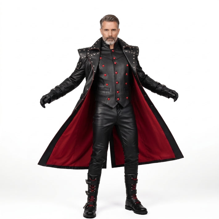 Men’s Gothic Leather Trench Coat | Long Black Leather Trench Coat Men | Cyberpunk Vest & Leather Pants | Vampire Outfit with Boots