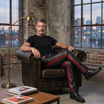 Men's Black Leather Pants | Genuine Leather with Red Panels