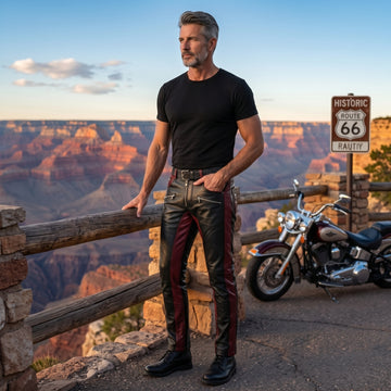 Men's Black Leather Pants | Genuine Leather with Red Panels