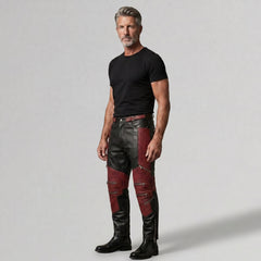 Men's Black & Red Genuine Leather Cyberpunk Pants | Biker Trousers