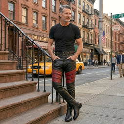 Men's Black Leather Pants | Genuine Leather with Red Studded Panels