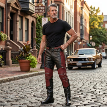 Men's Black & Red Genuine Leather Cyberpunk Pants | Biker Trousers