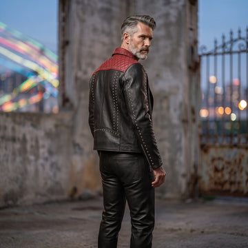Black Handmade Quilted Jacket In Genuine Leather with Pants Set | Cyberpunk Custom Biker Style Halloween Outfit