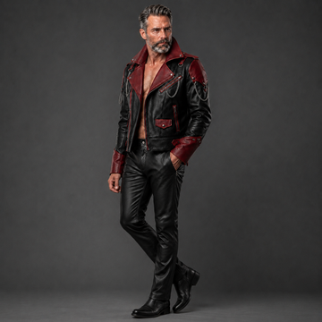 Cyberpunk Leather Jacket & Pants Set | Men's Black Red Biker Outfit