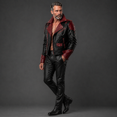 Cyberpunk Leather Jacket & Pants Set | Men's Black Red Biker Outfit