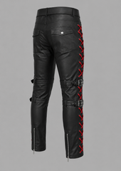 Women's Black Genuine Leather Pants, Red Lace Up Biker Pants with Buckle Straps, Cyberpunk Leather Trousers