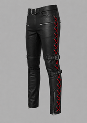 Women's Black Genuine Leather Pants, Red Lace Up Biker Pants with Buckle Straps, Cyberpunk Leather Trousers