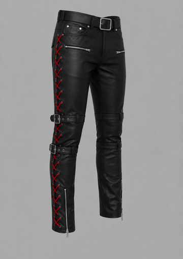 Women's Black Genuine Leather Pants, Red Lace Up Biker Pants with Buckle Straps, Cyberpunk Leather Trousers