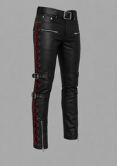 Women's Black Genuine Leather Pants, Red Lace Up Biker Pants with Buckle Straps, Cyberpunk Leather Trousers