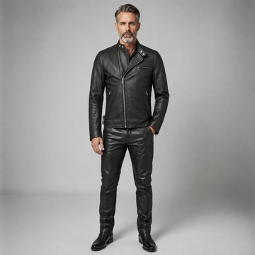 Black Genuine Leather Jacket & Pants Set | Men's Biker Jacket, Leather Pants |Cyberpunk Motorcycle Outfit