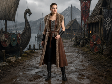 Women's Genuine Brown Leather Viking Vest | Fur Trim Long Leather Vest | Medieval Renaissance Costume | Nordic Warrior Outfit Custom