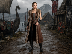 Women's Genuine Brown Leather Viking Vest | Fur Trim Long Leather Vest | Medieval Renaissance Costume | Nordic Warrior Outfit Custom