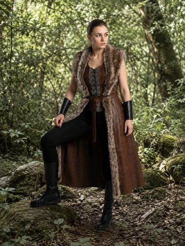 Women's Genuine Brown Leather Viking Vest | Fur Trim Long Leather Vest | Medieval Renaissance Costume | Nordic Warrior Outfit Custom