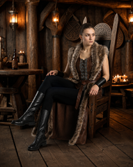 Women's Genuine Brown Leather Viking Vest | Fur Trim Long Leather Vest | Medieval Renaissance Costume | Nordic Warrior Outfit Custom