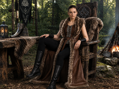 Women's Genuine Brown Leather Viking Vest | Fur Trim Long Leather Vest | Medieval Renaissance Costume | Nordic Warrior Outfit Custom