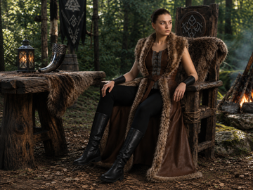 Women's Genuine Brown Leather Viking Vest | Fur Trim Long Leather Vest | Medieval Renaissance Costume | Nordic Warrior Outfit Custom