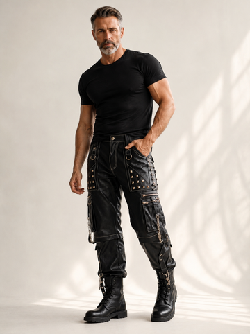 Men’s Black Leather Cargo Pants | Gothic Cyberpunk Pants | Studded Chain Goth Pants | Multi Pocket Biker Trousers | Custom Leather Pants