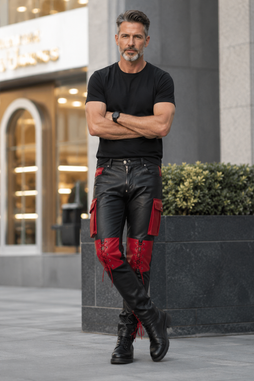 Men’s Black & Red Leather Cargo Pants – Gothic Cyberpunk Lace-Up Pants with Utility Pockets, Punk Biker Goth Trousers