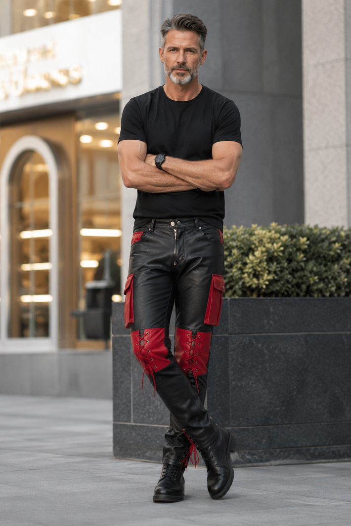 Men’s Black & Red Leather Cargo Pants – Gothic Cyberpunk Lace-Up Pants with Utility Pockets, Punk Biker Goth Trousers