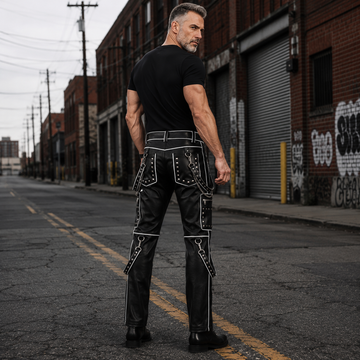 Studded Gothic Leather Pants for Men | Black Cyberpunk Cargo Trousers | Pocket Chain Punk Pants | Multi Pocket Biker Wear | Custom Size