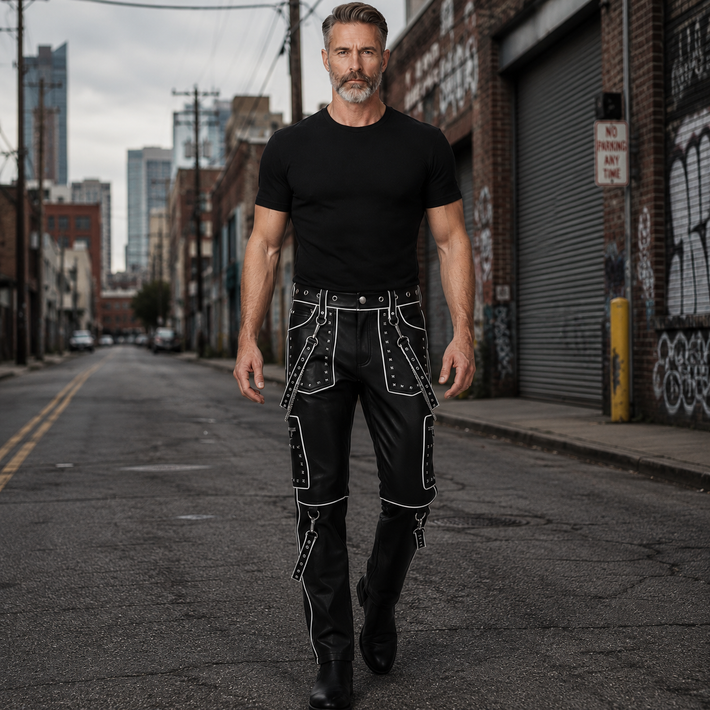 Studded Gothic Leather Pants for Men | Black Cyberpunk Cargo Trousers | Pocket Chain Punk Pants | Multi Pocket Biker Wear | Custom Size