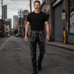 Studded Gothic Leather Pants for Men | Black Cyberpunk Cargo Trousers | Pocket Chain Punk Pants | Multi Pocket Biker Wear | Custom Size