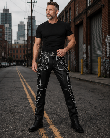 Studded Gothic Leather Pants for Men | Black Cyberpunk Cargo Trousers | Pocket Chain Punk Pants | Multi Pocket Biker Wear | Custom Size