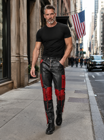 Men’s Black & Red Leather Cargo Pants – Gothic Cyberpunk Lace-Up Pants with Utility Pockets, Punk Biker Goth Trousers