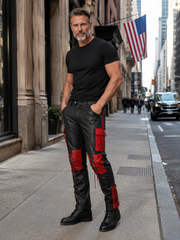 Men’s Black & Red Leather Cargo Pants – Gothic Cyberpunk Lace-Up Pants with Utility Pockets, Punk Biker Goth Trousers