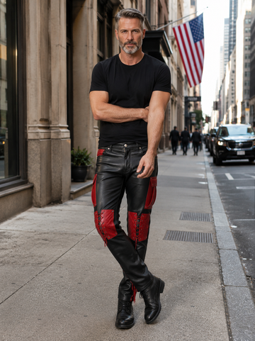 Men’s Black & Red Leather Cargo Pants – Gothic Cyberpunk Lace-Up Pants with Utility Pockets, Punk Biker Goth Trousers