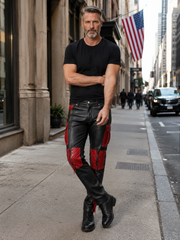 Men’s Black & Red Leather Cargo Pants – Gothic Cyberpunk Lace-Up Pants with Utility Pockets, Punk Biker Goth Trousers