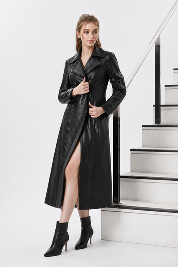 Women's Black Leather Trench Coat | Genuine Leather Long Coat | Double Breasted Leather Coat | Women's Leather Overcoat | Luxury Black Leather Winter Coat