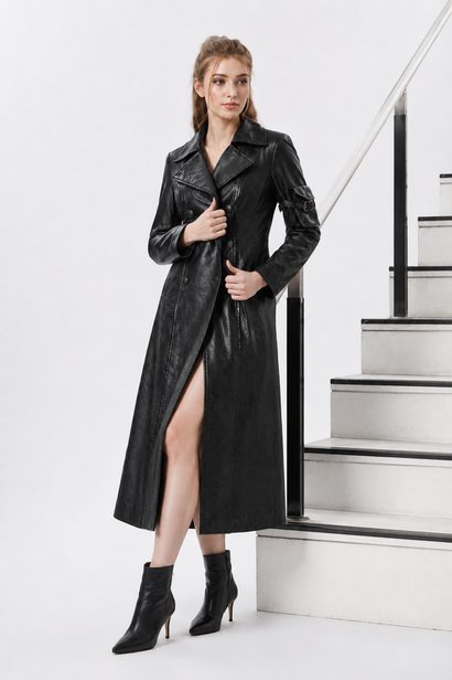 Women's Black Leather Trench Coat | Genuine Leather Long Coat | Double Breasted Leather Coat | Women's Leather Overcoat | Luxury Black Leather Winter Coat