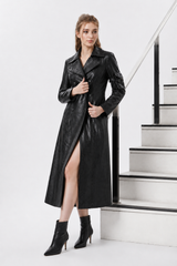 Women's Black Leather Trench Coat | Genuine Leather Long Coat | Double Breasted Leather Coat | Women's Leather Overcoat | Luxury Black Leather Winter Coat