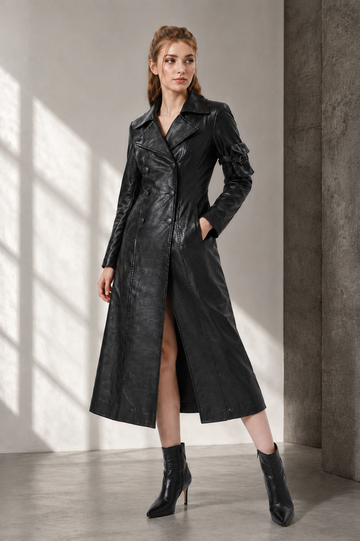 Women's Black Leather Trench Coat | Genuine Leather Long Coat | Double Breasted Leather Coat | Women's Leather Overcoat | Luxury Black Leather Winter Coat