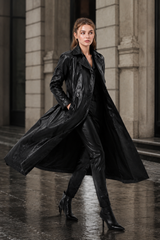 Women's Black Leather Trench Coat | Genuine Leather Long Coat | Double Breasted Leather Coat | Women's Leather Overcoat | Luxury Black Leather Winter Coat