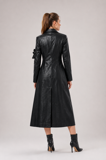 Women's Black Leather Trench Coat | Genuine Leather Long Coat | Double Breasted Leather Coat | Women's Leather Overcoat | Luxury Black Leather Winter Coat