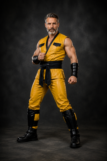 Men's Genuine Leather Ninja Inspired Martial Arts Costume, Yellow Sleeveless Leather Outfit with Black Wrap Sash, Bracers & Shin Guards