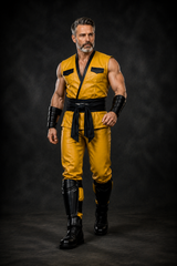Men's Genuine Leather Ninja Inspired Martial Arts Costume, Yellow Sleeveless Leather Outfit with Black Wrap Sash, Bracers & Shin Guards