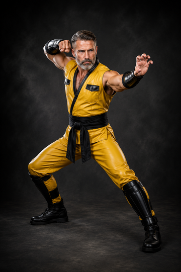 Men's Genuine Leather Ninja Inspired Martial Arts Costume, Yellow Sleeveless Leather Outfit with Black Wrap Sash, Bracers & Shin Guards