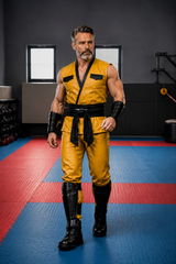 Men's Genuine Leather Ninja Inspired Martial Arts Costume, Yellow Sleeveless Leather Outfit with Black Wrap Sash, Bracers & Shin Guards