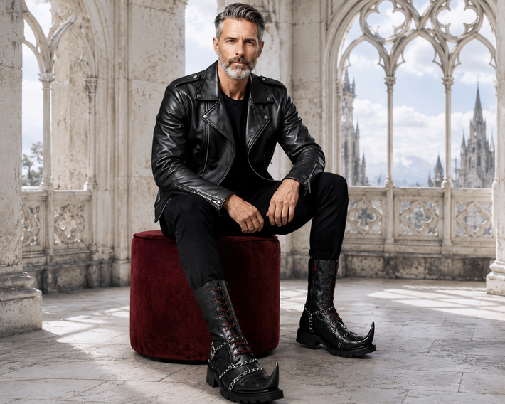 Mens Black Leather Jacket & Gothic Leather Boots | Witch Toe Chain Combat Boots | Punk Biker Cyberpunk Medieval Outfit