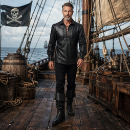 Men's Black Genuine Leather Shirt | Lace Up Leather Shirt | Medieval Pirate Shirt | Renaissance Victorian Shirt, Gothic Viking Long Sleeve Shirt