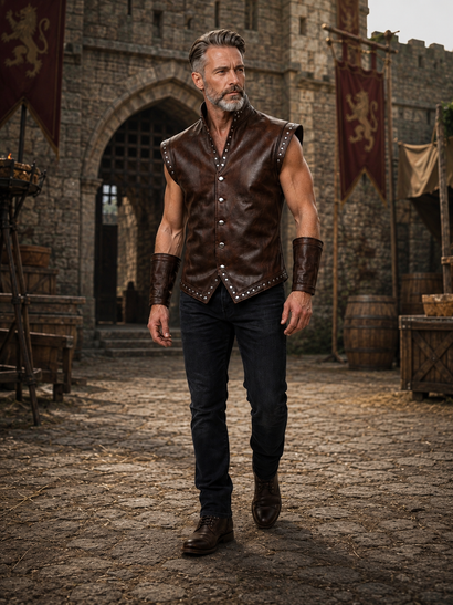 Men's Brown Genuine Leather Vest, Studded Renaissance Vest, Viking Leather Vest, Medieval Mens Vest, Victorian Vest Men, Punk Leather Vest