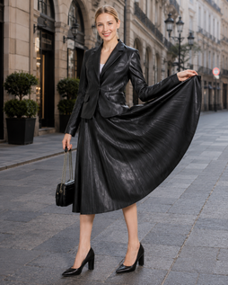 Women's Black Leather Blazer & Midi Skirt Set | Leather Blazer Women | Blazer Jacket | Formal Dress | Midi Skirt | Corporate Goth Womens Clothing | Black Dress