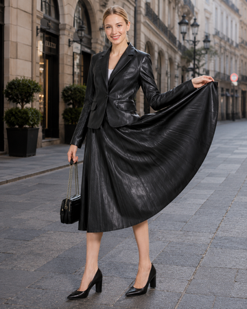 Women's Black Leather Blazer & Midi Skirt Set | Leather Blazer Women | Blazer Jacket | Formal Dress | Midi Skirt | Corporate Goth Womens Clothing | Black Dress